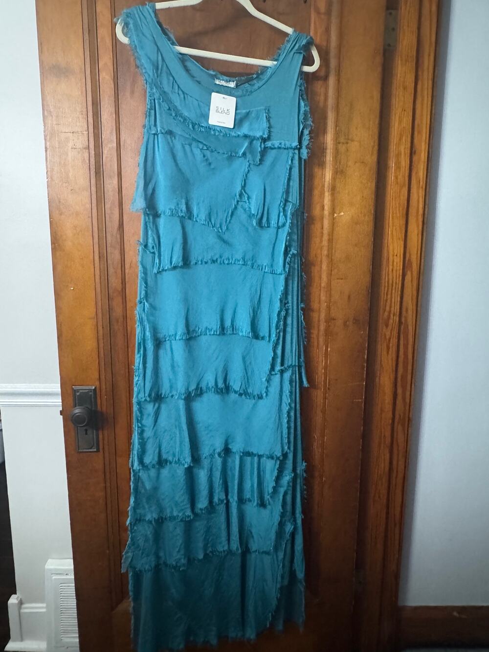 ANNA MELAN Italy Teal Silk Blend Tiered Raw Hem Maxi Dress L
